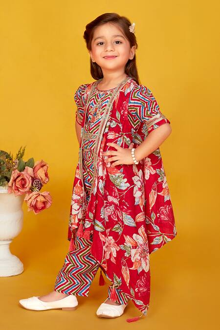 Shop_Maaikid_Red Cotton Lace, Tassels, Embroidery Floral Print Asymmetric Jacket And Pant Set _Online_at_Aza_Fashions