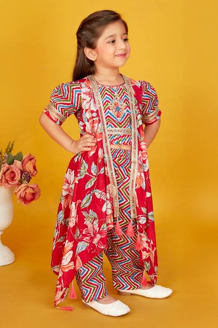 Maaikid_Red Cotton Lace, Tassels, Embroidery Floral Print Asymmetric Jacket And Pant Set _at_Aza_Fashions