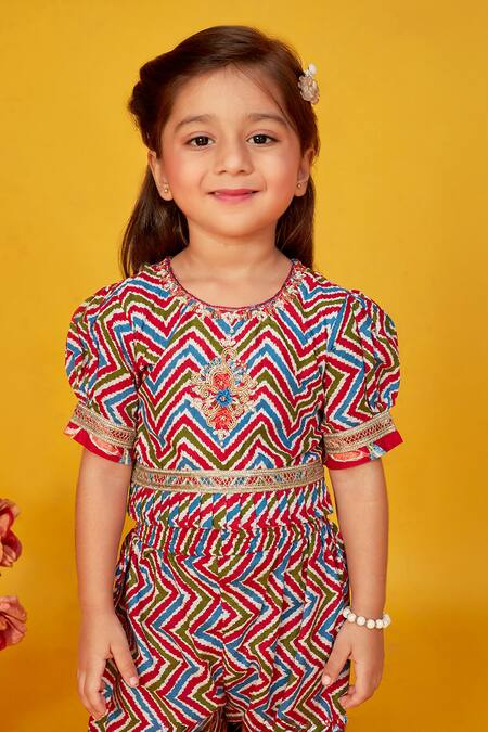 Buy_Maaikid_Red Cotton Lace, Tassels, Embroidery Floral Print Asymmetric Jacket And Pant Set 