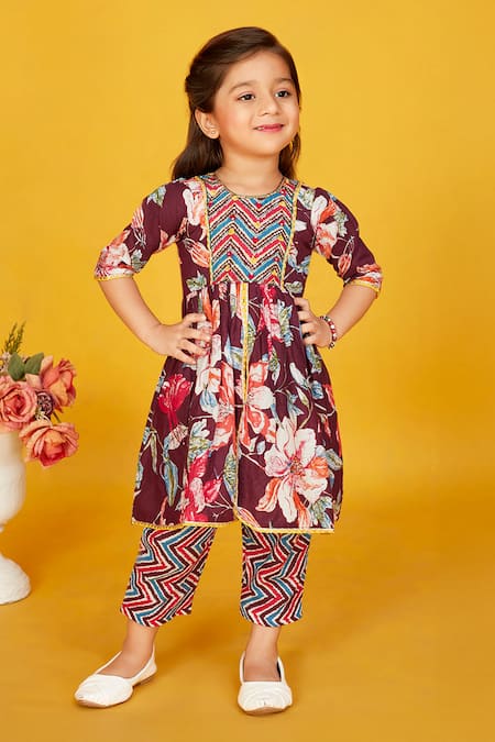 Maaikid Magenta Cotton Print Floral Embroidered Peplum Kurta With Salwar Pant 