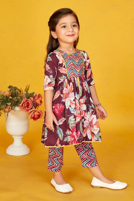 Shop Maaikid Magenta Cotton Sequins Floral Embroidered Peplum Kurta With Salwar Pant Online at Aza Fashions Shop_Maaikid_Magenta Cotton Sequins Floral Embroidered Peplum Kurta With Salwar Pant _Online_at_Aza_Fashions