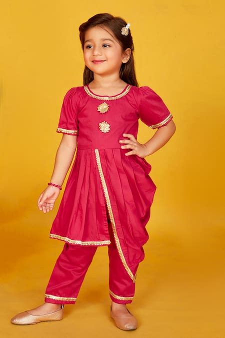 Maaikid Pink Cotton Embroidery Gota Lace Cowl Draped Kurta With Straight Pant 