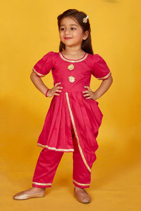 Maaikid_Pink Cotton Gota Patti Cowl Draped Kurta With Straight Pant _Online_at_Aza_Fashions