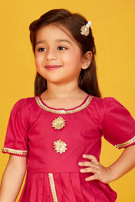 Buy_Maaikid_Pink Cotton Gota Patti Cowl Draped Kurta With Straight Pant _Online_at_Aza_Fashions