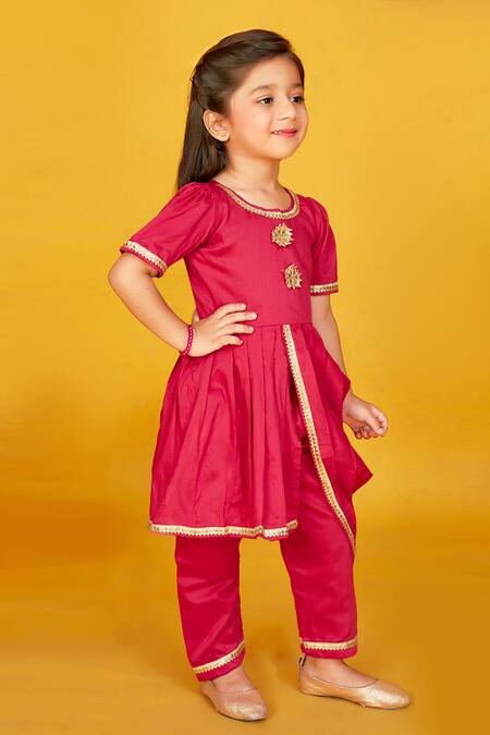 Shop_Maaikid_Pink Cotton Gota Patti Cowl Draped Kurta With Straight Pant _Online_at_Aza_Fashions