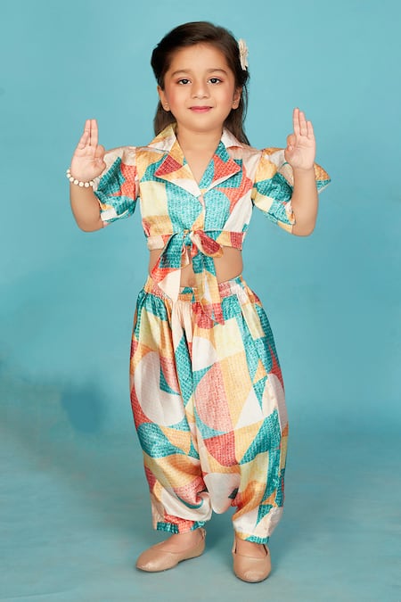 Maaikid_Multi Color Satin Abstract Print Crop Top With Salwar Pant _Online_at_Aza_Fashions