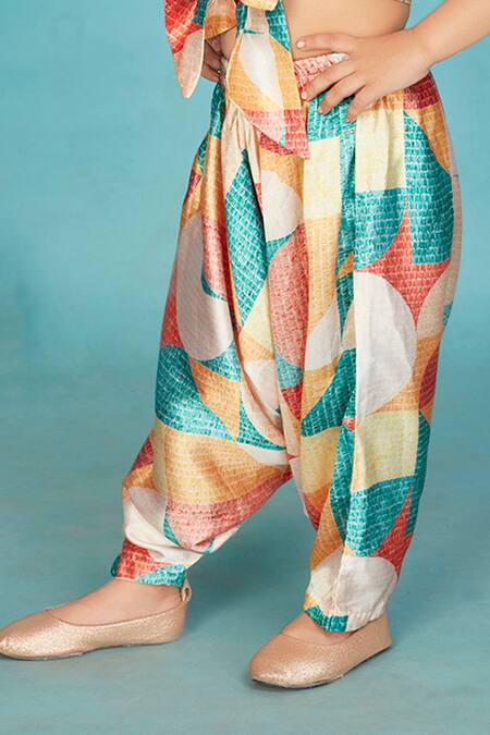 Shop_Maaikid_Multi Color Satin Abstract Print Crop Top With Salwar Pant _Online_at_Aza_Fashions