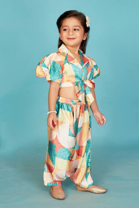 Maaikid_Multi Color Satin Abstract Print Crop Top With Salwar Pant _at_Aza_Fashions