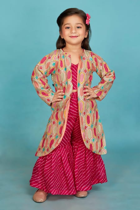 Maaikid Pink Cotton Print Lehariya Brocade Embroidered Jacket With Sharara Set 