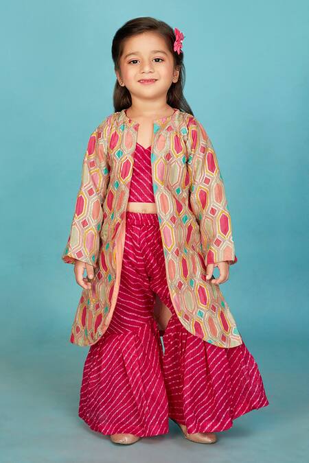 Maaikid Pink Cotton Gota Patti Brocade Embroidered Jacket With Sharara Set Online at Aza Fashions Maaikid_Pink Cotton Gota Patti Brocade Embroidered Jacket With Sharara Set _Online_at_Aza_Fashions