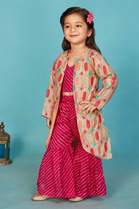 Buy Maaikid Pink Cotton Gota Patti Brocade Embroidered Jacket With Sharara Set Online at Aza Fashions Buy_Maaikid_Pink Cotton Gota Patti Brocade Embroidered Jacket With Sharara Set _Online_at_Aza_Fashions