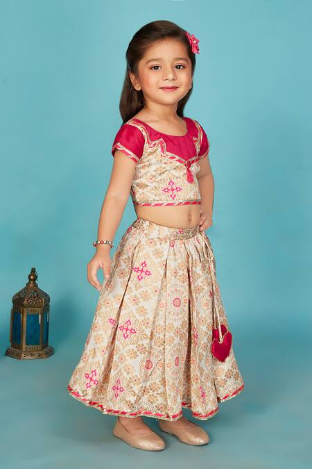 Shop Maaikid Off White Silk, Brocade Gota Patti Banarasi Embroidered Lehenga With Blouse Online at Aza Fashions Shop_Maaikid_Off White Silk, Brocade Gota Patti Banarasi Embroidered Lehenga With Blouse _Online_at_Aza_Fashions