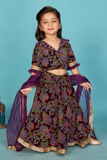 Maaikid Purple Velvet Print Floral Lehenga Set 