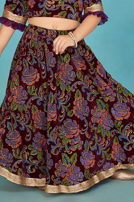 Maaikid_Purple Velvet Embroidery, Gota Patti Floral Print Lehenga Set _Online_at_Aza_Fashions
