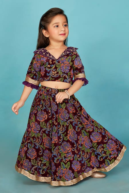 Buy_Maaikid_Purple Velvet Embroidery, Gota Patti Floral Print Lehenga Set _Online_at_Aza_Fashions