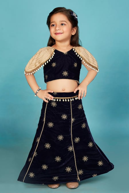 Maaikid Blue Velvet Embroidery Floral Kalidar Lehenga Set 