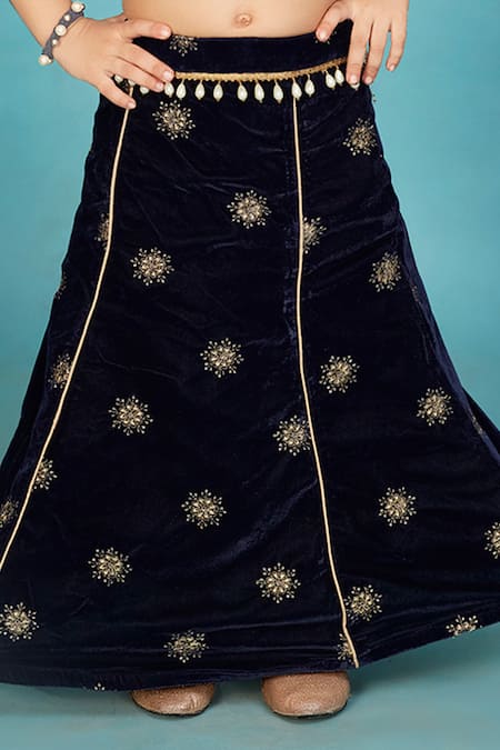 Maaikid_Blue Velvet Pearls, Embroidery, Tassels Floral Kalidar Lehenga Set _Online_at_Aza_Fashions