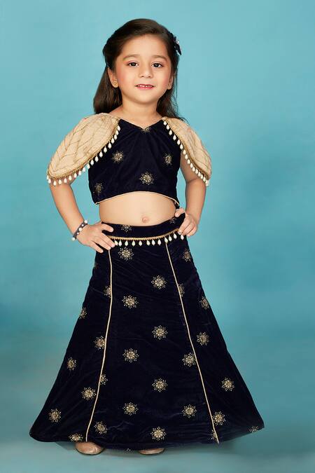 Buy_Maaikid_Blue Velvet Pearls, Embroidery, Tassels Floral Kalidar Lehenga Set _Online_at_Aza_Fashions