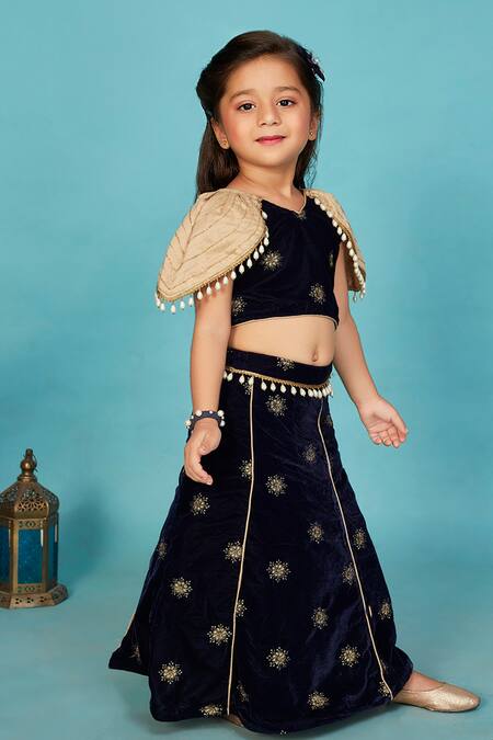 Shop_Maaikid_Blue Velvet Pearls, Embroidery, Tassels Floral Kalidar Lehenga Set _Online_at_Aza_Fashions