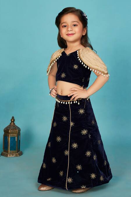 Maaikid_Blue Velvet Pearls, Embroidery, Tassels Floral Kalidar Lehenga Set _at_Aza_Fashions