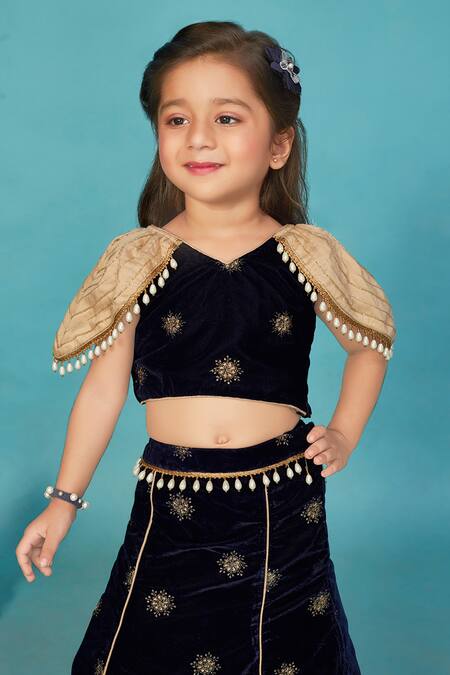 Buy_Maaikid_Blue Velvet Pearls, Embroidery, Tassels Floral Kalidar Lehenga Set 