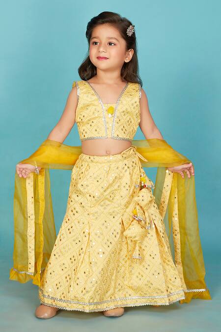 Maaikid Yellow Silk, Chiffon Gota Patti, Lace, Mirrors, Banarasi Lehenga Set Online at Aza Fashions Maaikid_Yellow Silk, Chiffon Gota Patti, Lace, Mirrors, Banarasi Lehenga Set _Online_at_Aza_Fashions