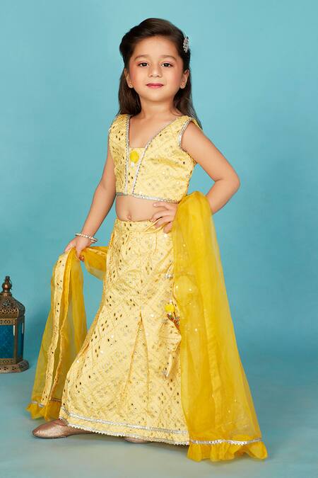 Buy Maaikid Yellow Silk, Chiffon Gota Patti, Lace, Mirrors, Banarasi Lehenga Set Online at Aza Fashions Buy_Maaikid_Yellow Silk, Chiffon Gota Patti, Lace, Mirrors, Banarasi Lehenga Set _Online_at_Aza_Fashions