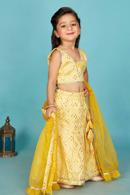 Shop Maaikid Yellow Silk, Chiffon Gota Patti, Lace, Mirrors, Banarasi Lehenga Set Online at Aza Fashions Shop_Maaikid_Yellow Silk, Chiffon Gota Patti, Lace, Mirrors, Banarasi Lehenga Set _Online_at_Aza_Fashions