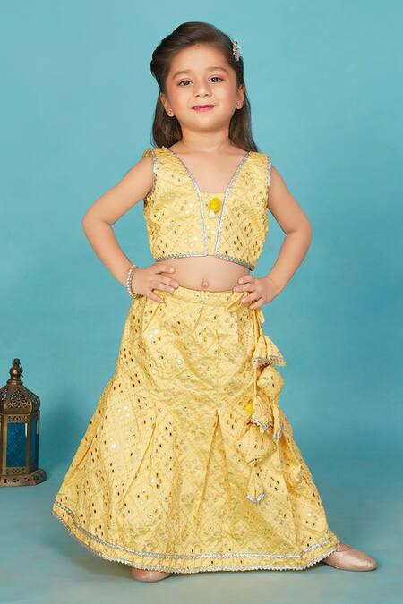 Buy Maaikid Yellow Silk, Chiffon Gota Patti, Lace, Mirrors, Banarasi Lehenga Set Buy_Maaikid_Yellow Silk, Chiffon Gota Patti, Lace, Mirrors, Banarasi Lehenga Set