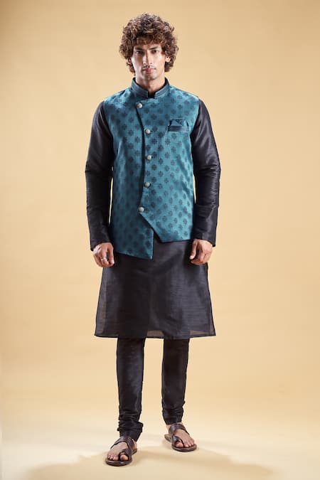 Aryavir Malhotra Thread Embroidered Asymmetric Nehru Jacket & Churidar Set 