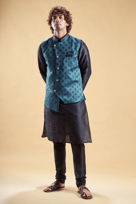 Arihant Rai Sinha Blue Silk Embroidery Thread Nehru Jacket And Churidar Set at Aza Fashions Arihant Rai Sinha_Blue Silk Embroidery Thread Nehru Jacket And Churidar Set _at_Aza_Fashions