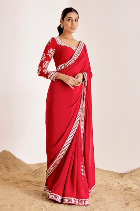 Suruchi Parakh_Red Georgette Mirrors Asymmetric Border Embroidered Saree With Blouse _at_Aza_Fashions