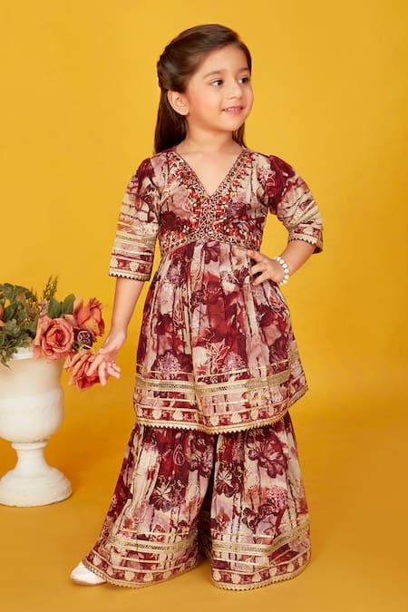 Maaikid Cotton Mirror Embroidered Peplum Kurta With Sharara 