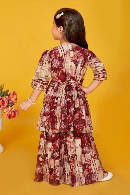 Maaikid Brown Floral Print Peplum Kurta Set 