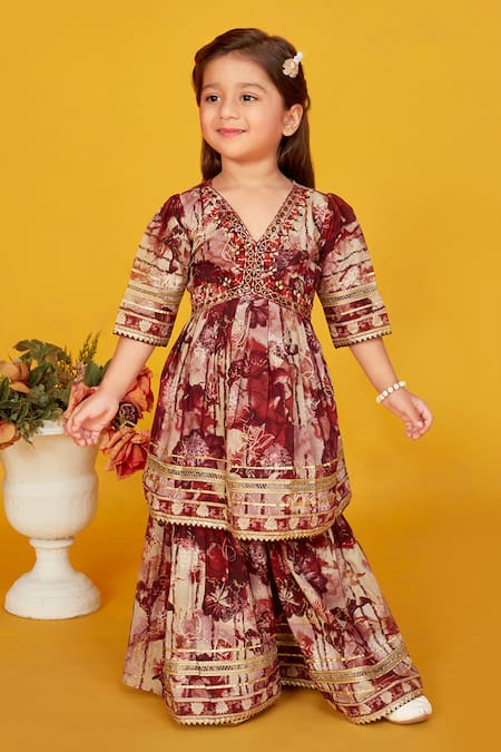 Maaikid_Brown Cotton Embroidery, Mirrors Floral Print Peplum Kurta Set _Online_at_Aza_Fashions