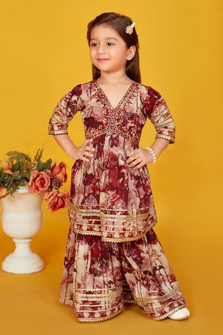 Buy_Maaikid_Brown Cotton Embroidery, Mirrors Floral Print Peplum Kurta Set _Online_at_Aza_Fashions