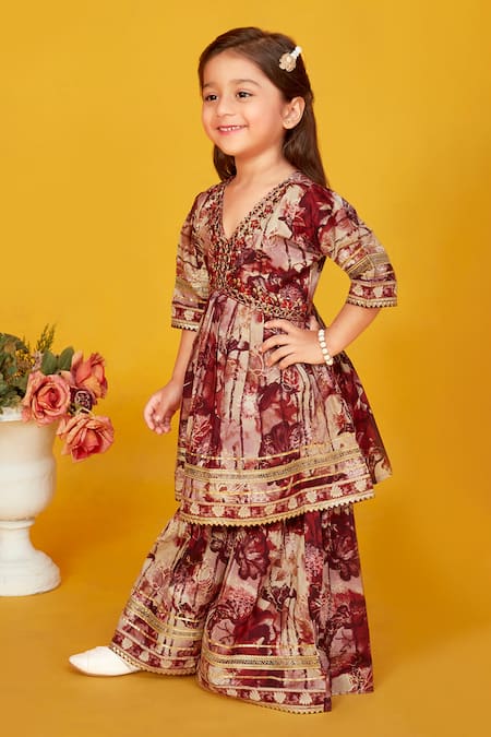 Shop_Maaikid_Brown Cotton Embroidery, Mirrors Floral Print Peplum Kurta Set _Online_at_Aza_Fashions