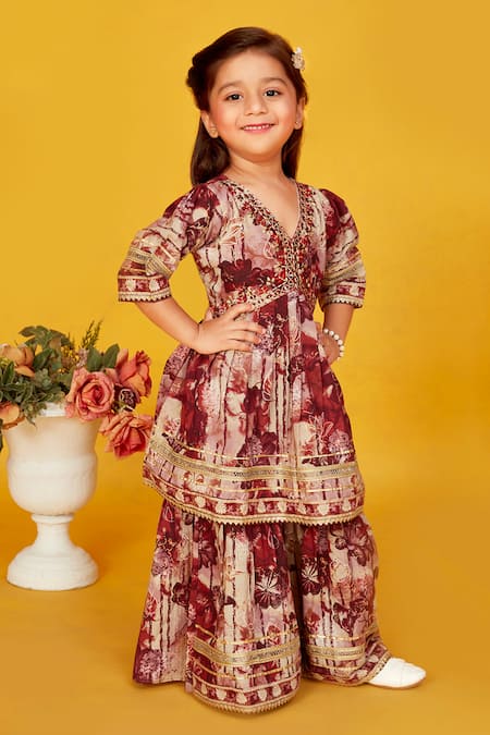 Maaikid_Brown Cotton Embroidery, Mirrors Floral Print Peplum Kurta Set _at_Aza_Fashions