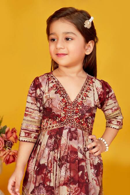 Buy_Maaikid_Brown Cotton Embroidery, Mirrors Floral Print Peplum Kurta Set 