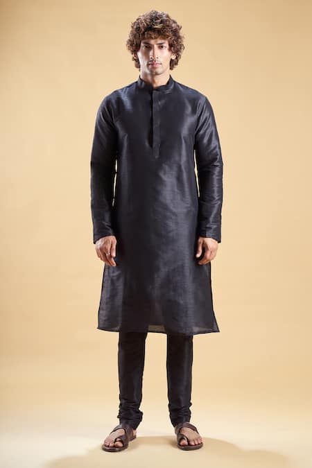 Arihant Rai Sinha Black Silk, Jacquard Embroidery Blue Floral Thread Nehru Jacket Set at Aza Fashions Arihant Rai Sinha_Black Silk, Jacquard Embroidery Blue Floral Thread Nehru Jacket Set _at_Aza_Fashions