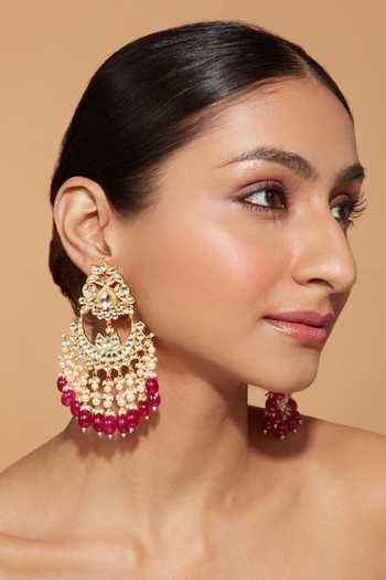 Vivinia By Vidhi Mehra_Gold Plated Beads, Diamonds Carved Kundan Embellished Chaandbali Earrings _Online_at_Aza_Fashions