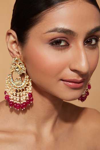 Buy_Vivinia By Vidhi Mehra_Gold Plated Beads, Diamonds Carved Kundan Embellished Chaandbali Earrings _Online_at_Aza_Fashions