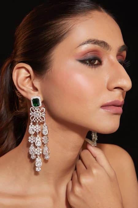 Vivinia By Vidhi Mehra_Silver Plated Zari Floral Droplet Embellished Earrings _Online_at_Aza_Fashions