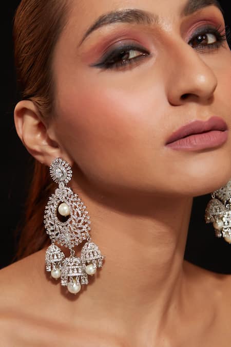 Vivinia By Vidhi Mehra_Silver Plated Pearls, Zari Zircon Studded Tear Drop Carved Earrings _Online_at_Aza_Fashions