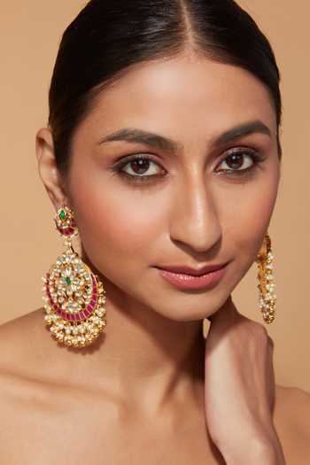 Vivinia By Vidhi Mehra Floral Carved Kundan Onyx Chandbali Earrings 