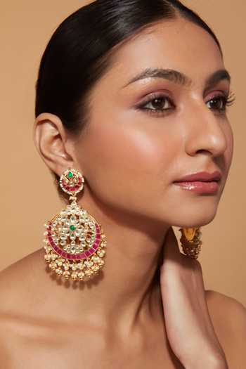Vivinia By Vidhi Mehra Floral Carved Kundan Onyx Chandbali Earrings 
