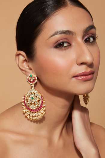 Vivinia By Vidhi Mehra Gold Plated Floral Carved Kundan Onyx Chandbali Earrings Online at Aza Fashions Vivinia By Vidhi Mehra_Gold Plated Floral Carved Kundan Onyx Chandbali Earrings _Online_at_Aza_Fashions
