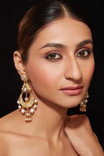 Shop Vivinia By Vidhi Mehra Gold Plated Pearl Drop Chaandbali Earrings at Aza Fashions Shop_Vivinia By Vidhi Mehra_Gold Plated Pearl Drop Chaandbali Earrings _at_Aza_Fashions