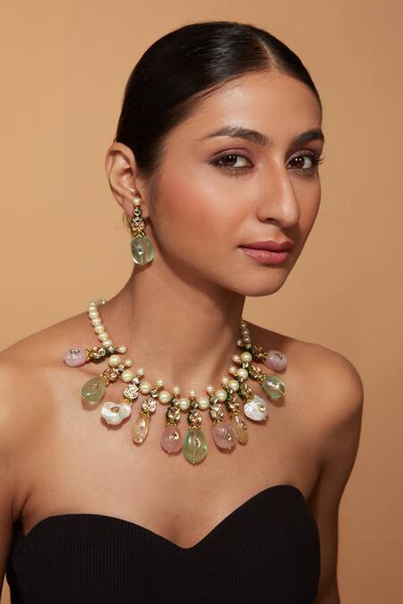 Vivinia By Vidhi Mehra_Multi Color Pearls, Beads, Stones Tassel Embellished Necklace Set _Online_at_Aza_Fashions