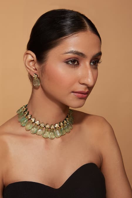 Vivinia By Vidhi Mehra_Multi Color Pearls, Beads, Stones Floral Tassel Choker Set _Online_at_Aza_Fashions